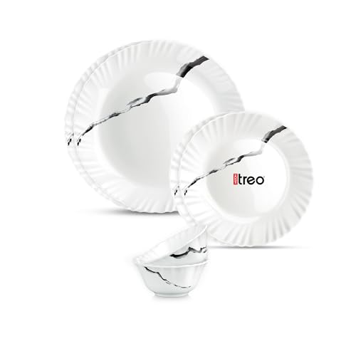 Image of Treo by Milton Opalware Aurelia Stria Dinner Set of 6 | Serving for 2 | Microwave & Dishwasher Safe | Bone-Ash Free | Tempered Toughness | Plates & Bowls | Crockery Set for Dining & Gifting | White