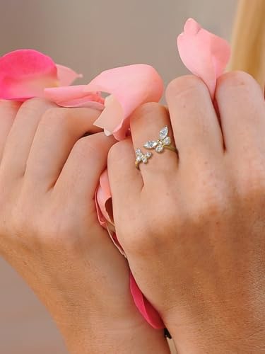 Moissanite Flower/Butterfly/Star Pretty Open Ring for Women, Adjustable Ring, Solid 925 Sterling Silver with Gold Plated, Stackable Ring, Birthday Valentines Anniversary Mothers Day Ideal Gift for Her2