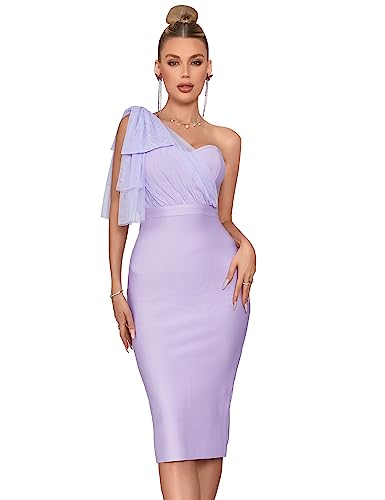 Image of Mesh One Shoulder Bow Bodycon Midi Graduation Birthday Dinner Dress Bandage Party Dress