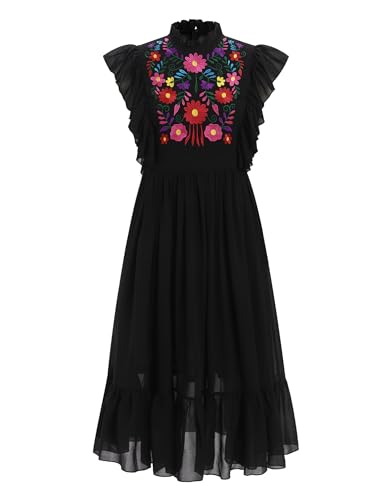 Women Mexican Embroidered Dress Traditional Casual Summer Floral Cinco De Mayo Fiesta Outfit Dance Party Midi Dresses