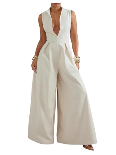Verdusa Women's Zip Up Wide Leg Jumpsuits Sleeveless...