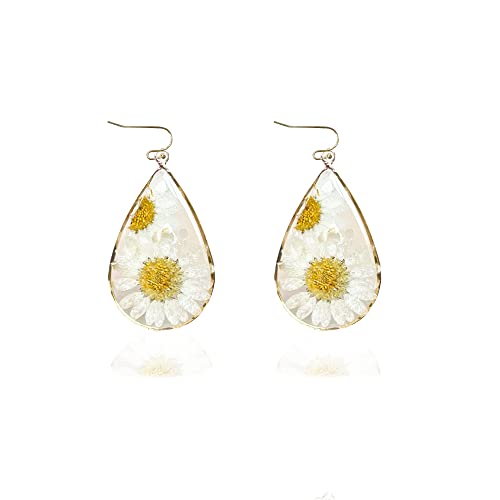 Daisy Pressed Flower Earrings Handmade Resin Daisy Real Dried Flower Floral Teardrop Dangle Earring White Flower Earrings Christmas 2024 Gifts for Women