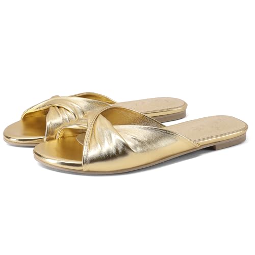 Women's Flat Sandals Crisscross Wide Welt Metallic Slingback Flats Slippers