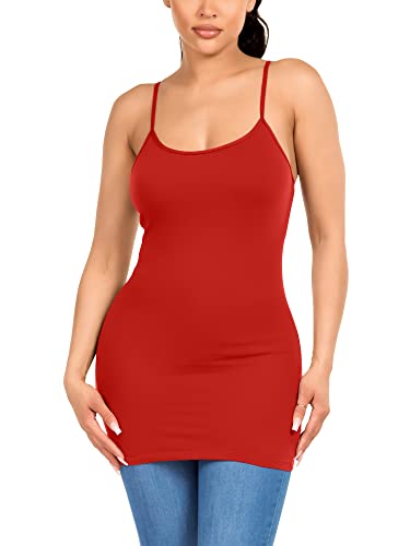 Image of Long Cotton Camisole Tank Tops for Women | Basic Braless Layering Tops with Adjustable Spaghetti Straps