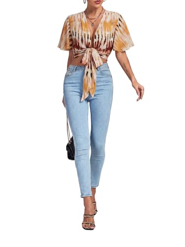 Image of LYANER Women's Sexy Deep V Neck Tie Front Wrap Cropped Blouse Bell Short Sleeve Ruffle Crop Tops