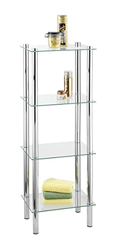 WENKO Regal Mod. Yago viereckig mit 4 Glasablagen, Badregal aus Edelstahl und Glas, 40 x 104 x 30 cm, platzsparende Aufbewahrung im Bad