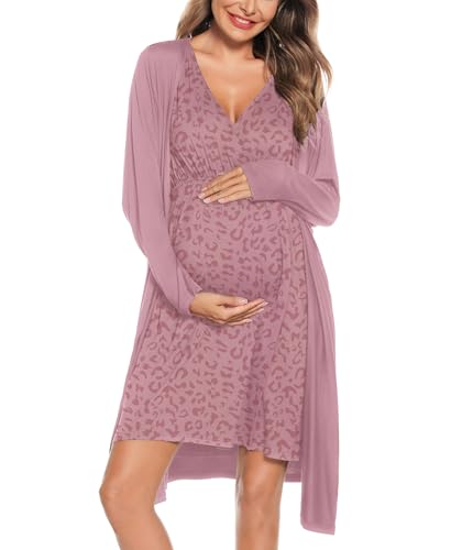 Image of SWOMOG Women Maternity Nursing Gown and Robe Set Printing Labor Delivery Nursing Nightgown for Breastfeeding Hospital Robes