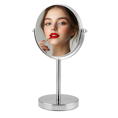 Image of OVENTE 6'' Tabletop Vanity Makeup Mirror, Nickel Brushed MNLT60BR1X7X | Double Sided Round Magnifying Table Mirror with 1X /7X Magnification, 360 Rotation, Perfect for Dresser Bedroom Office Travel