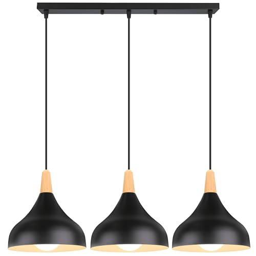 iDEGU 3 Lampes Suspension Luminaire Rétro E27 Lustre Suspension Moderne Style Goutte Chapeau Plafonnier Métal Bois Lampe de Plafond pour Salle à Manger...