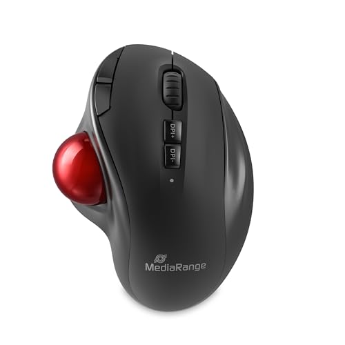 MediaRange Souris Optique sans Fil Trackball à 7 Boutons avec molette de défilement, Boutons DPI et Pouce, 800-2400 DPI, Batterie Rechargeable 600 mAh, pour droitier, Noir/Rouge