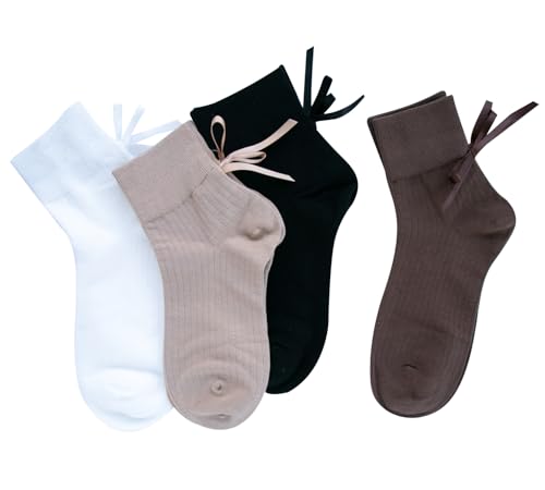 Image of Women's Bow Crew Socks - Cotton Sweet Lolita Dress Breathable Soft Girls' Socks - 3 Pairs
