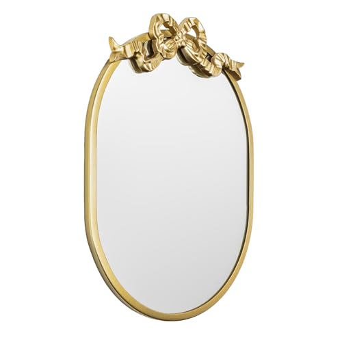 Image of SANY DAYO HOME Wall Hanging 16″ x 12″ Gold Metal Framed Oval Mirror with Decorative Bow, Modern Farmhouse Real Glass Accent Mirror for Vanity, Bathroom, Entryway