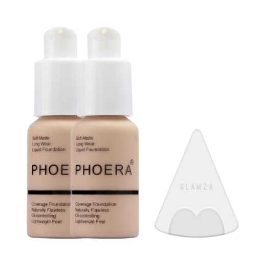Glamza Phoera Foundation Full Coverage Makeup Set - 24hr Long Lasting Oil Control - Soft Smooth Matte Flawless Concealer Cream - Inc x2 30ml Foundation & Silicone Blender Sponge (102 Nude)