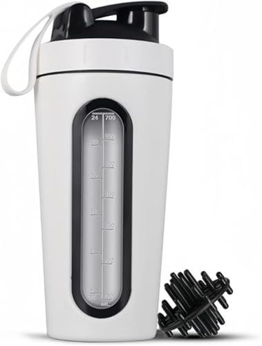 Benjiu プロテインシェイカーボトル 真空シェーカーボトル ミックスやプレワークアウト用 可視ウィンドウ ステンレススチールシェーカーボトル 漏れ防止 700ml 大容量 ボール付き プレワークアウト用 (ホワイト)