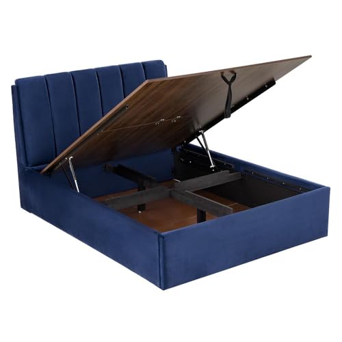 Image of Wakefit Bed | Queen (78 X 60) Solid Wood Bed, Upholstered, Hydraulic, 3 Year Warranty - Antho - Velvet Blue