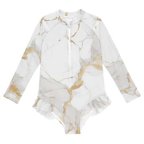 ALAZA Swimsuit for Girls Long Sleeve Rashguard Bathing Suit White Gold Marble Quick Dry 4T
