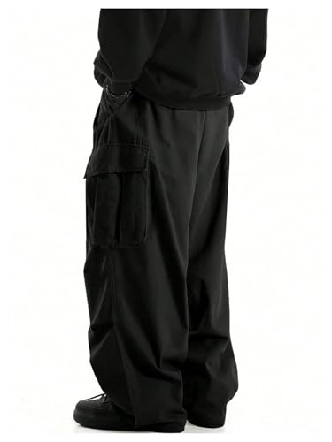 OYOANGLE Men's Drawstring Elastic Waist Pockets Cargo Pants Wide Leg Loose Casual Trousers Streetwear2