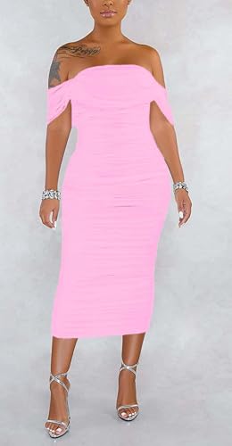 Image of Fooullaide Women's Sexy Off Shoulder Sleeveless Bodycon Ruched Midi Dress | Stretchy, Breathable, Mesh, Not See-Through, Elegant,Formal Gown, Cocktail, Evening, Party, Night Out Tube Dresses