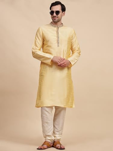 Image of Amazon Brand - Anarva Men's Art Silk Kurta Pajama Set with Embroidered Collar | Traditional Indian Ethnic Wear Long Sleeve Straight Kurta with Churidar Pajama