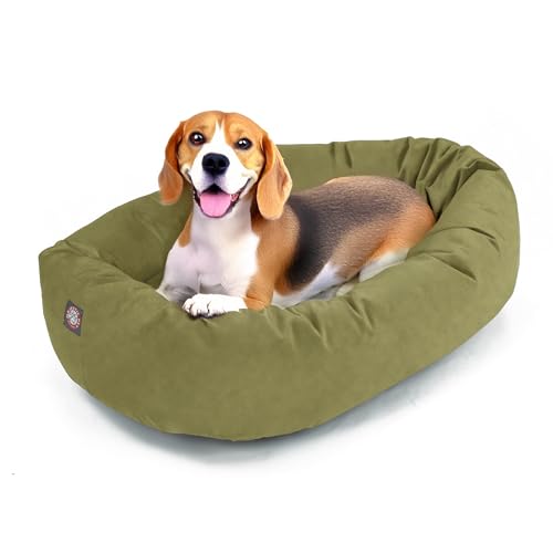 Image of Majestic Pet Suede Shredded Memory Foam Mix Calming Dog Bed Washable - Cozy Soft Round Dog Bed with Spine for Head Support - Fluffy Donut Dog Bed, 32 Inch, Sage