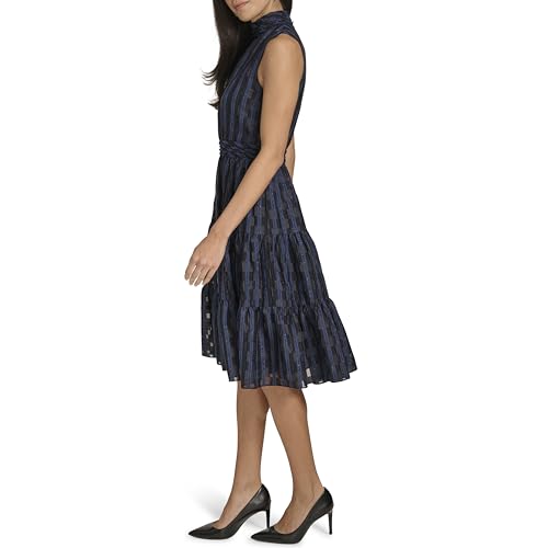 Image of Calvin Klein Women's Sleeveless Mock Neck Smocked Knee Length Fit & Flare Dress
