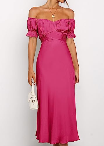 Image of KIRUNDO Women's Satin Summer Wedding Guest Cocktail Dress | 2026 Spring Fall Party Midi Dress, Silky, Elegant Off Shoulder Short Sleeve, Ruffle Mermaid Hem, Wrap Prom Formal Outfits