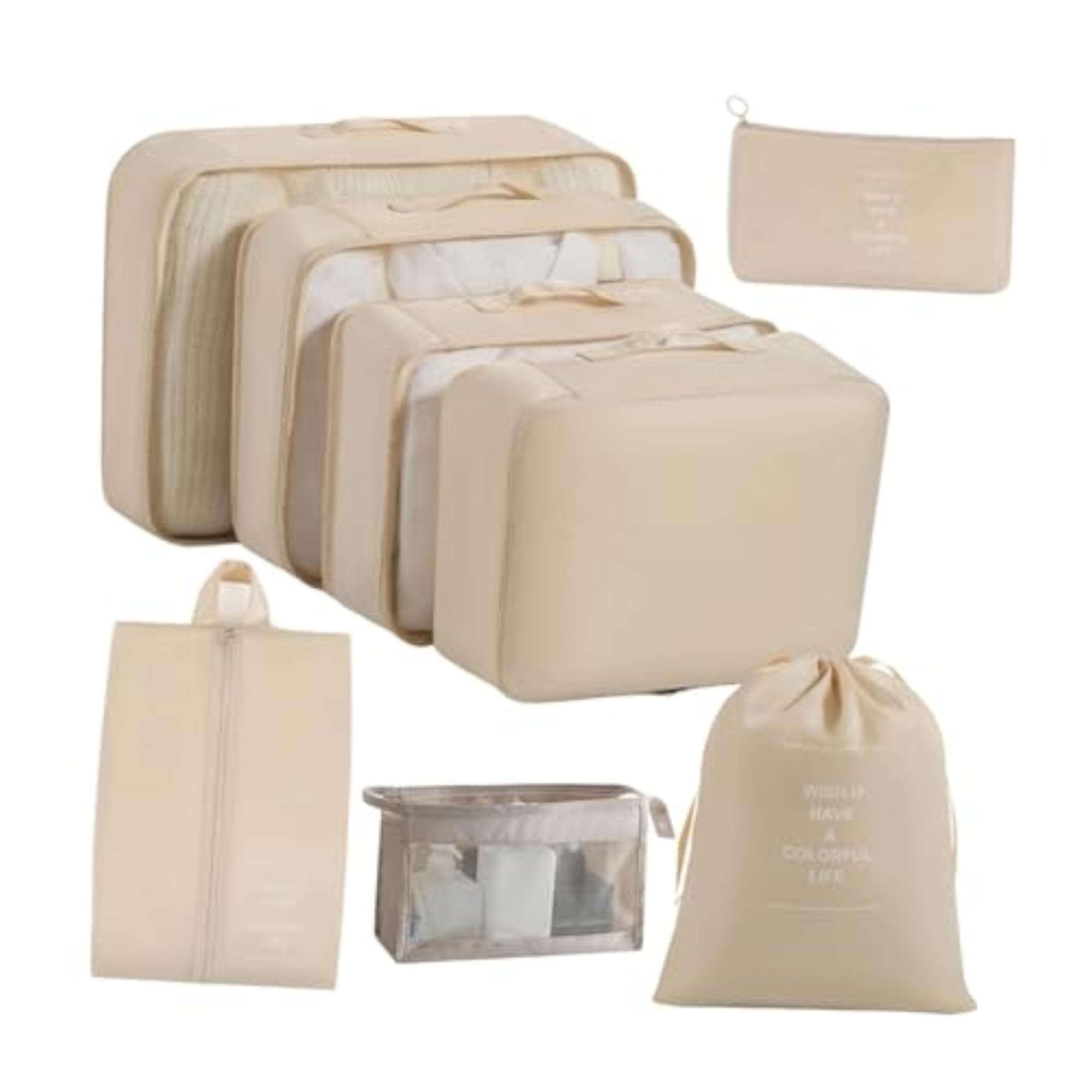 8pc Beige Packing Cubes Set for Organising Luggage