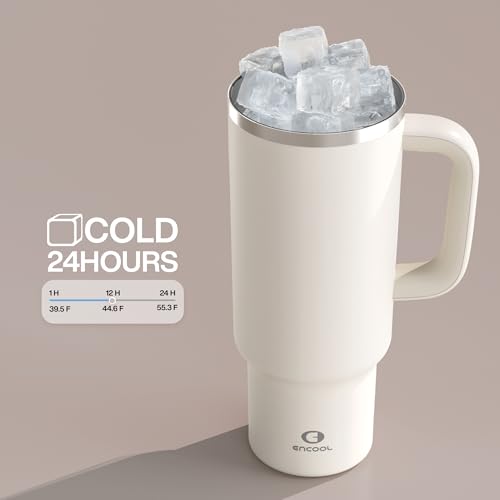 Image of ENCOOL 40 oz Tumbler with Handle and Straw: Stainless Steel Insulated Tumbler Keeps Cold for 24 Hours, Leakproof Travel Cup Fits in Cup Holder and BPA-Free, Cream Moon