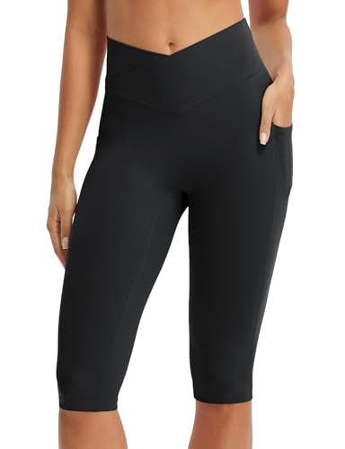 baleaf Knee Length Capri Leggings with Pockets for Women Workout Yoga Capris Pants Tummy Control Casual Exercise Black L