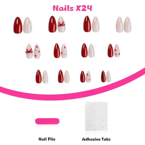 Image of Red Press on Nails Bow Fake Nails with Heart Design Medium Almond Nail Press ons Reusable Glossy Full Cover Valentines Glue on Nail for Women Girls Manicure 24Pcs