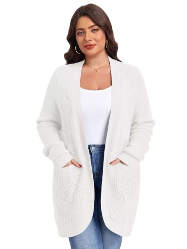 Image of LARACE Long Cardigans for Women Plus Size Tops Open Front Sweaters with Pockets Waffle Ribbed Sleeve Loose Fall Outwear