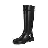 SOVANYOU Black Knee High Riding Boots Women Round Toe Slip On Chunky Block Heel Leather Boots Comfortable Fashion Buckles Casual Vintage Tall Boot
