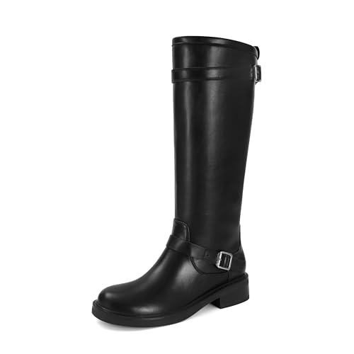 SOVANYOU Black Knee High Riding Boots Women Round Toe Slip On Chunky Block Heel Leather Boots Comfortable Fashion Buckles Casual Vintage Tall Boot