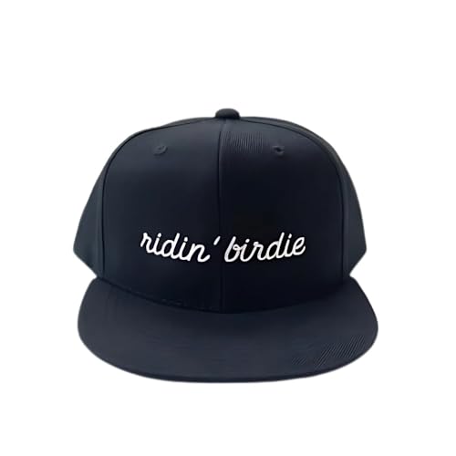 Buffbo Ridin’ Birdie Youth Golf Trucker Hat, Black Snapback Hat with White Embroidery, 100% Acrylic, Retro Flat Bill Hat, Structured Full-Back Design, Adjustable Plastic Snapback Hat for Young Golfers