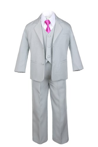 Unotux 6pc Boy Gray Vest Formal Tuxedo Suits with Satin Fuchsia Pink Necktie Baby (XL:(18-24 Months))