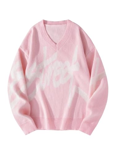 Men's Aesthetic Graphic Sweaters Y2k V Neck Oversized Sweater Lightweight Long Sleeve Baggy Knit Pullover Tops