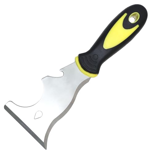 WHLLING 9-in-1 Painter's Tool, Straight Scraper, Gouger, Roller Cleaner, Curved Scraper, Bottle Opener, Can Opener, Nail Puller, Screwdriver, Hammer | Stainless Steel/Soft Grip Handle