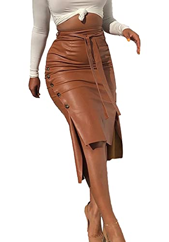 LAJIOJIO Women's Faux Leather Pencil Skirt, Knee Length A Line Bodycon Midi Skirts with Belt Camel