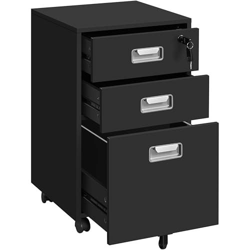 Yaheetech Cajonera de Oficina con Ruedas Gabinete de Oficina con 3 Cajones y Cerradura 40x40x66,5cm Armario Archivador Carpeta de Gran Capacidad para Carta y Archivos A4 Negro