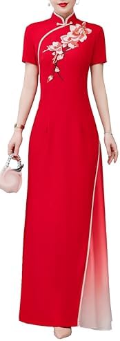 Women's Vintage Cheongsam Embroidery Short Sleeve High-Neck Side ...