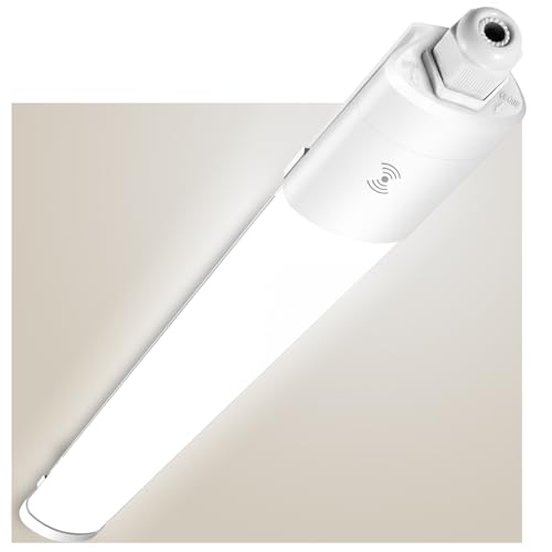 SNADER Deckenlampe mit Bewegungsmelder 36W 4230LM 4000K Verknüpfbare LED Feuchtraumleuchte 120cm Ultraslim Deckenleuchte Feuchtraum Wannenleuchte IP65 Wasserfest Werkstattlampe für Garage Keller