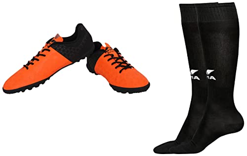 Image of Nivia Aviator 102705 Football Futsal Shoes, UK 9 (Orange /Black) Plain Encounter Stockings (L, Black)