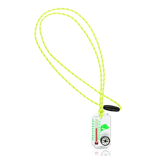 Sun Company Wildlife Therm-o-Compass - Thermometer and Compass for Kids with UV Exposure Decal | Reflective Lanyard and Fun Animal Designs | Camping and Hiking Accessory for Children (Green Bass)