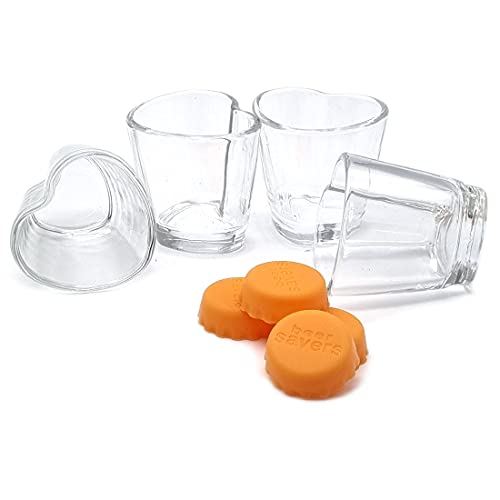 Heart Soju Shot Glasses Set Set Of 4 And Silicone Rubber Bottle Caps 4Pcs 1.7 Oz, Korean Soju, Whiskey, Tequila, Vodka, Espressos, Desserts, Party Decorations, Clear Glass (Heart) #TOP1
