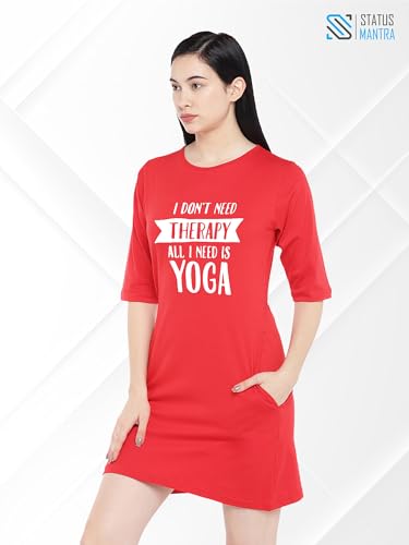 Image of STATUS MANTRA Women's Long T-Shirt Dress - Cotton Casual Knee Length Dress with 3 /4 Sleeves | Soft Bio-Washed Fabric, Crew Neck, Relaxed Fit | Comfy Summer Lounge Wear