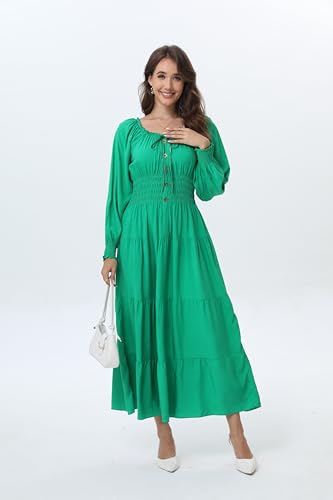 Image of OSTOO Women's 2026 Casual Long Sleeve Square Neck Smocked High Waist Flowy Maxi Dress,Boho Tiered Beach Party Dress
