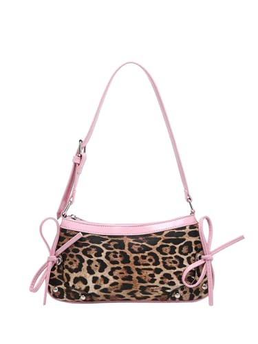 Image of GORGLITTER Women's Leopard Print Bow Tie Shoulder Bags Adjustable Strap Y2k Vintage Handbags Pink One Size