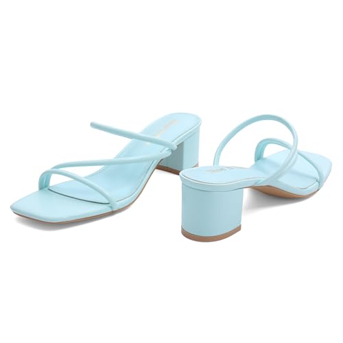 Image of Shoe'N Tale Strappy Heels For Women Low Chunky Block Heel Heeled Sandals Square Open Toe Slip On Slides Mules