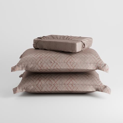 Image of Stoa Paris 300TC UltraSatin Double Fitted Bedsheet Set with 2 Pillow Covers, Gentle on Skin & Hair, Wrinkle & Fade Resistant, Home Decor, Gift for Couple, Starlit Night - Champagne (152cmx198cm+30cm)