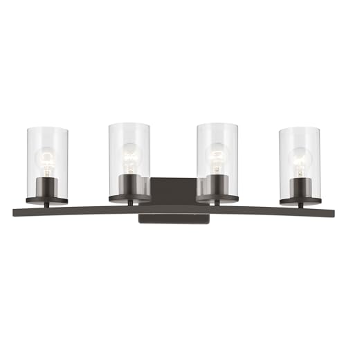 Image of Kichler Crosby 4-Light Bathroom Vanity Light Fixture with Clear Glass, 31.25 inch Modern Wall Mount Light in Olde Bronze for Bathroom Over Mirror (31.25 inch x 8.75 inch), 45498OZCLR